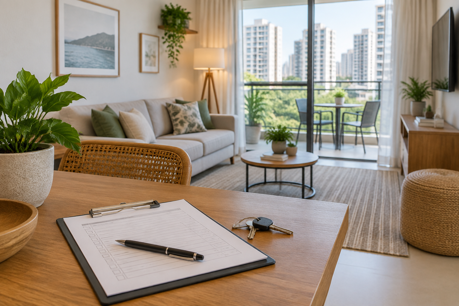 Apartamento preparado para aluguel por temporada em condomínio, com inventário e chaves sobre a mesa.