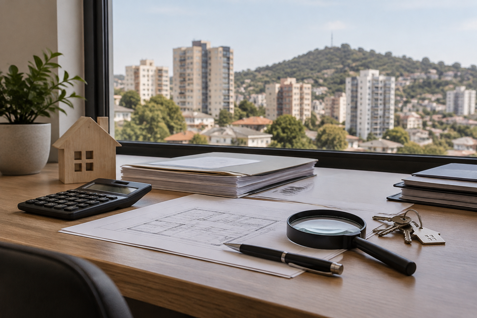Documentos, calculadora e chaves sobre mesa para analisar os riscos antes de comprar imóvel de leilão