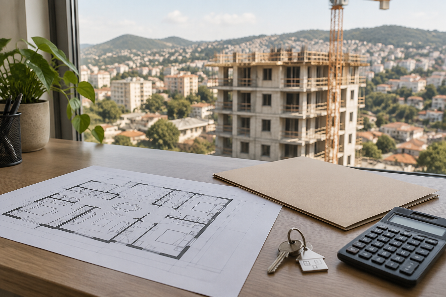 Documentos, planta arquitetônica e obra ao fundo ilustram cuidados ao comprar apartamento na planta