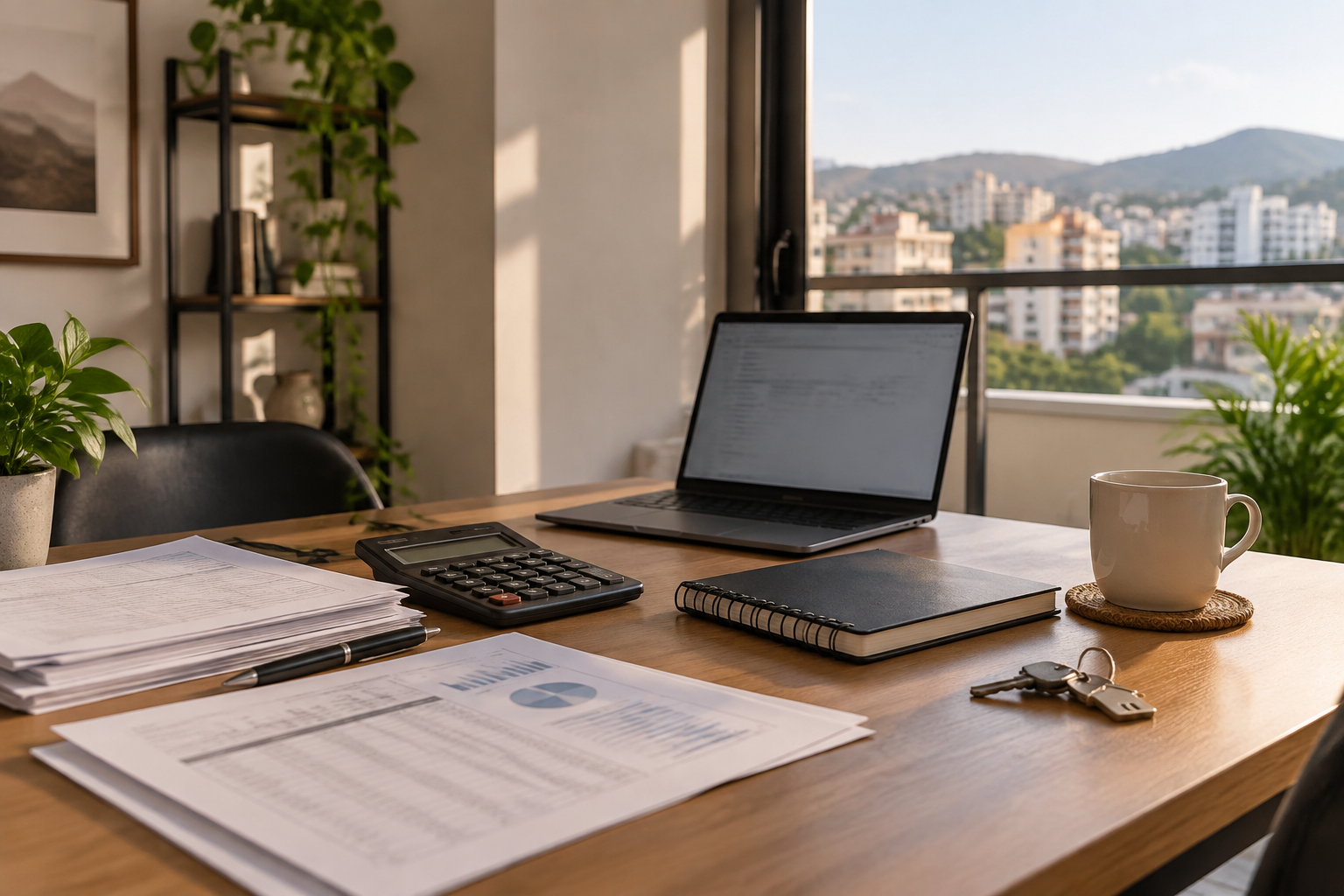 Documentos, calculadora e notebook sobre mesa para organizar financiamento imobiliário para autônomo em Contagem